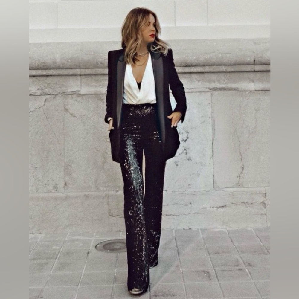 Zara Sequined High-Waisted Slit Pants – Black – Size M